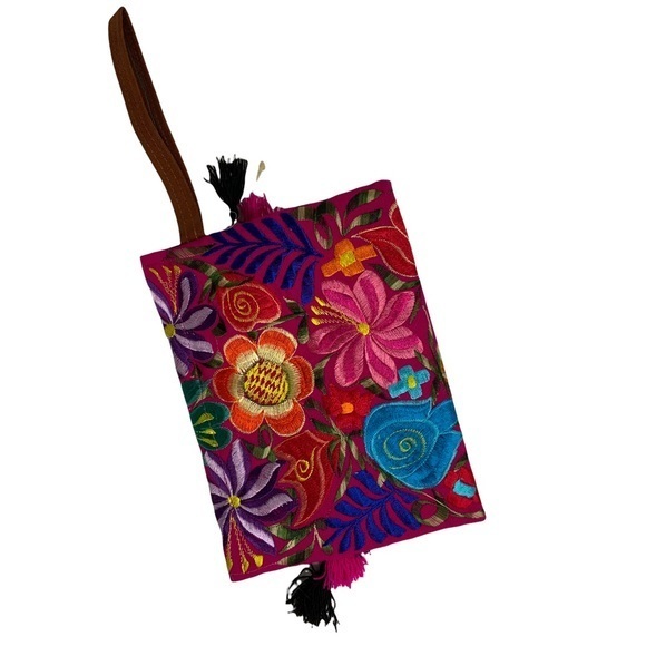 Colorful festival Mexican Floral artisan Pom Pom clutch KA1-53 - Picture 4 of 4